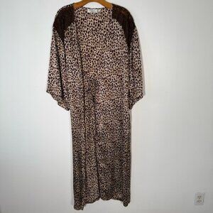 100% Silk Robe Leopard Print Maxi Lace Trim Luxe Glam Brown S